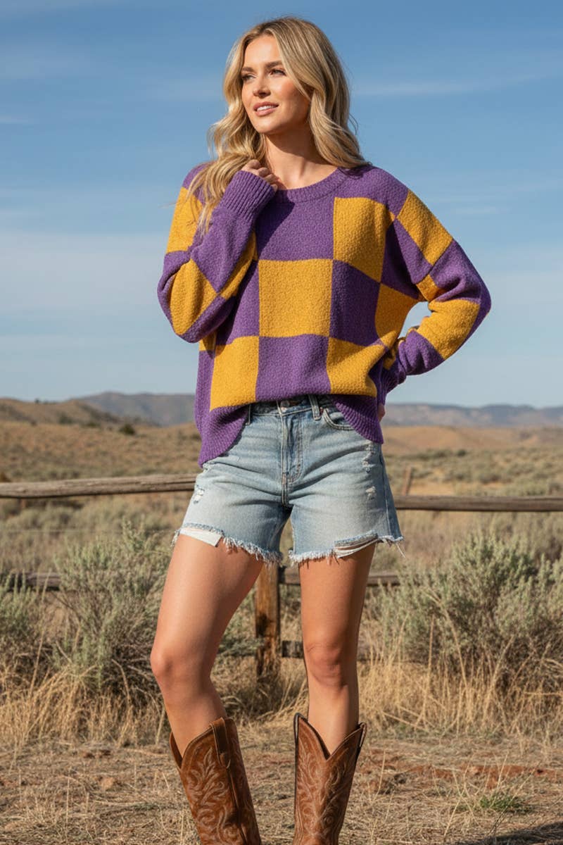 CHECKER SWEATER TOP : PURPLE/YELLOW / L