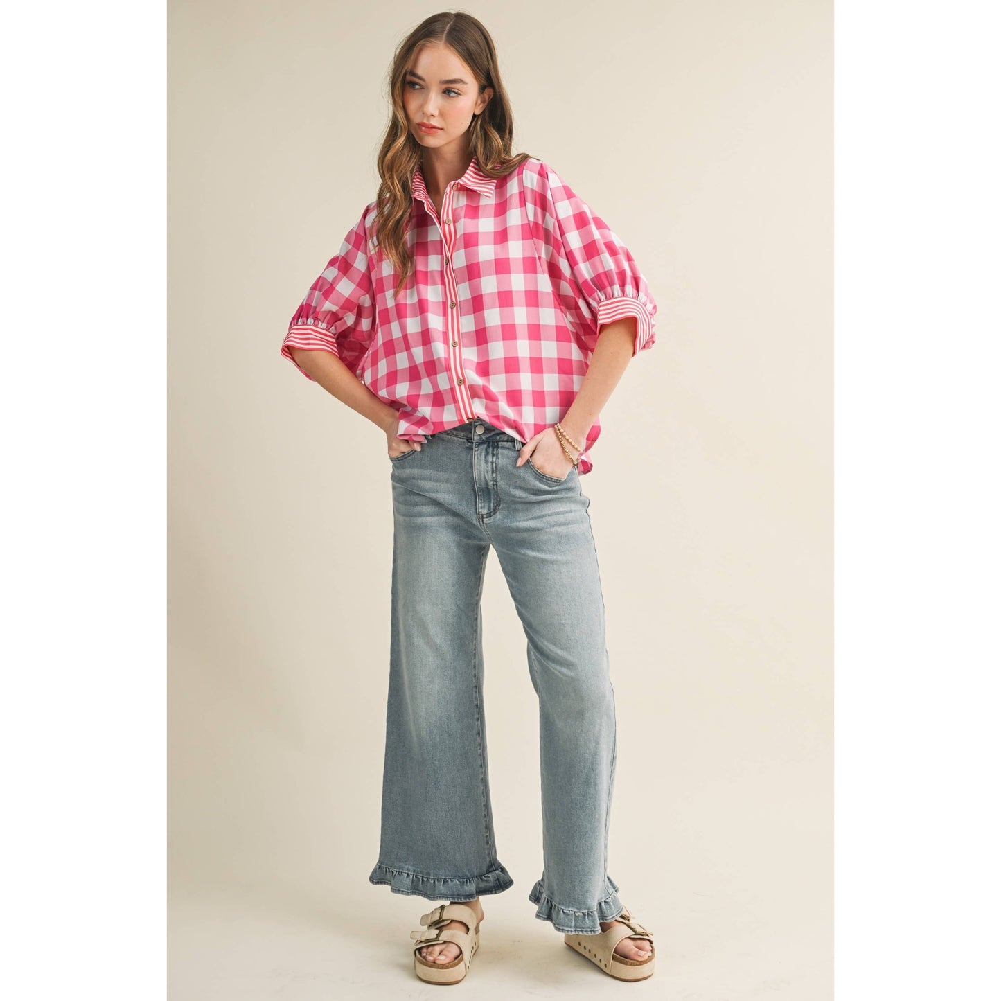 Romantic Gingham Check Pattern Elegant Blouse: RED / S-M-L-XL(2-2-2-1)