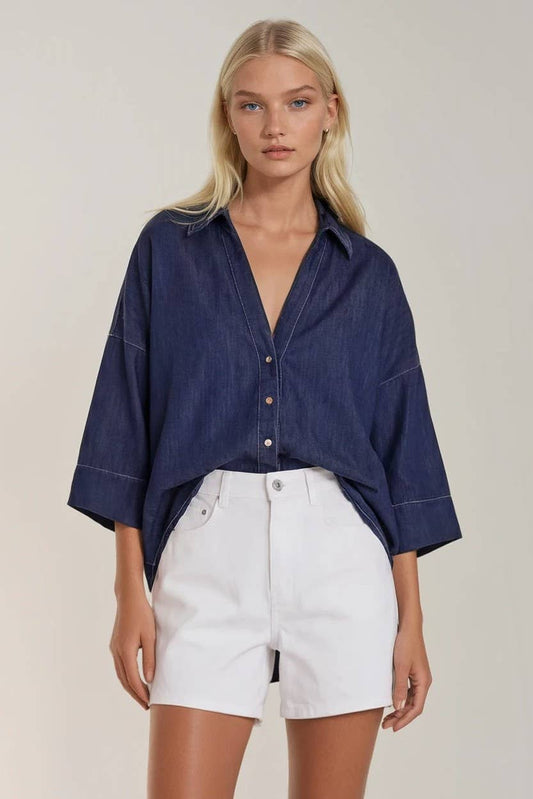 Easy Does It Oversized Denim Shirt : Dark-Wash Denim