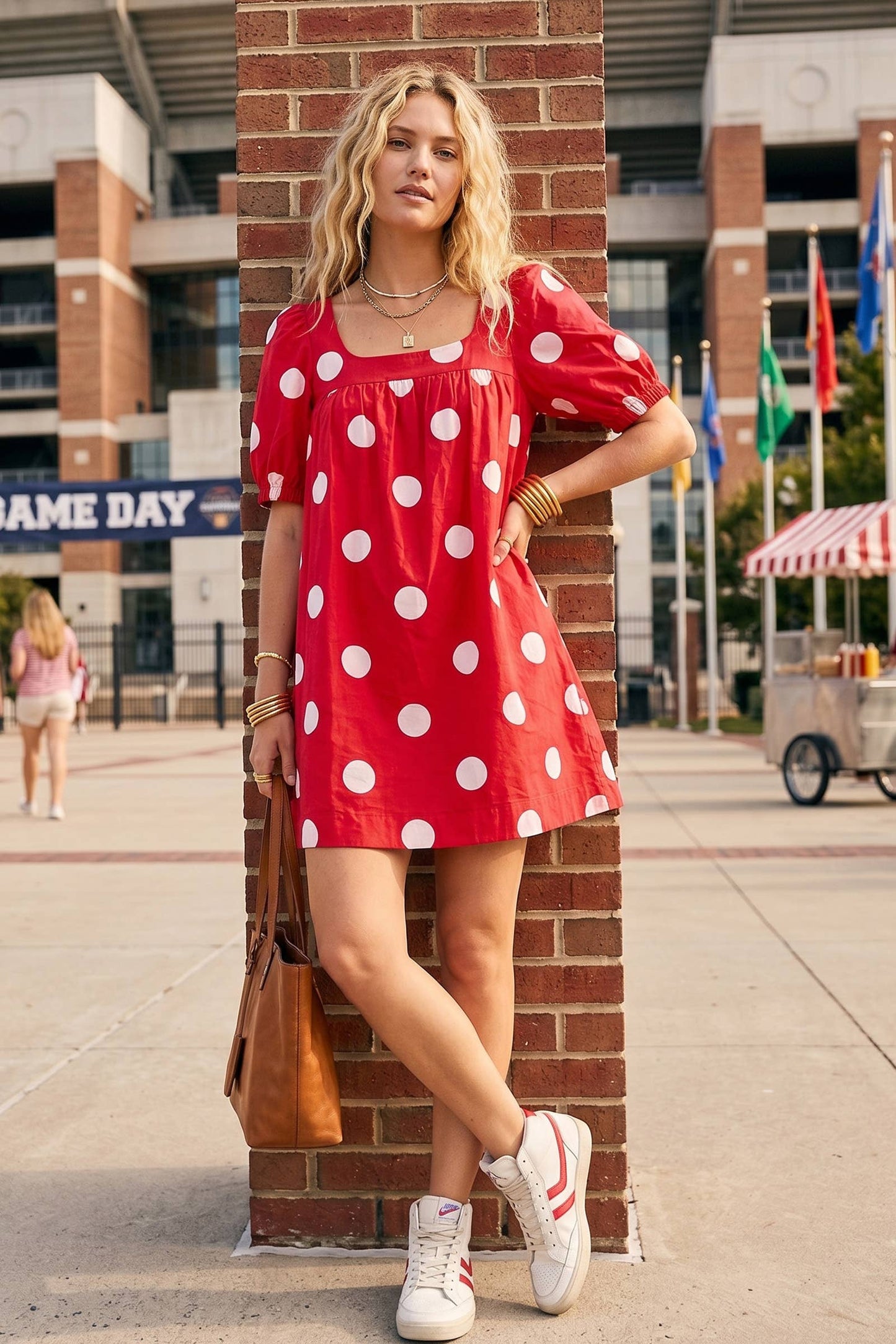 Gameday Polka Dot Puff Sleeve Dress: RED/BLACK / L