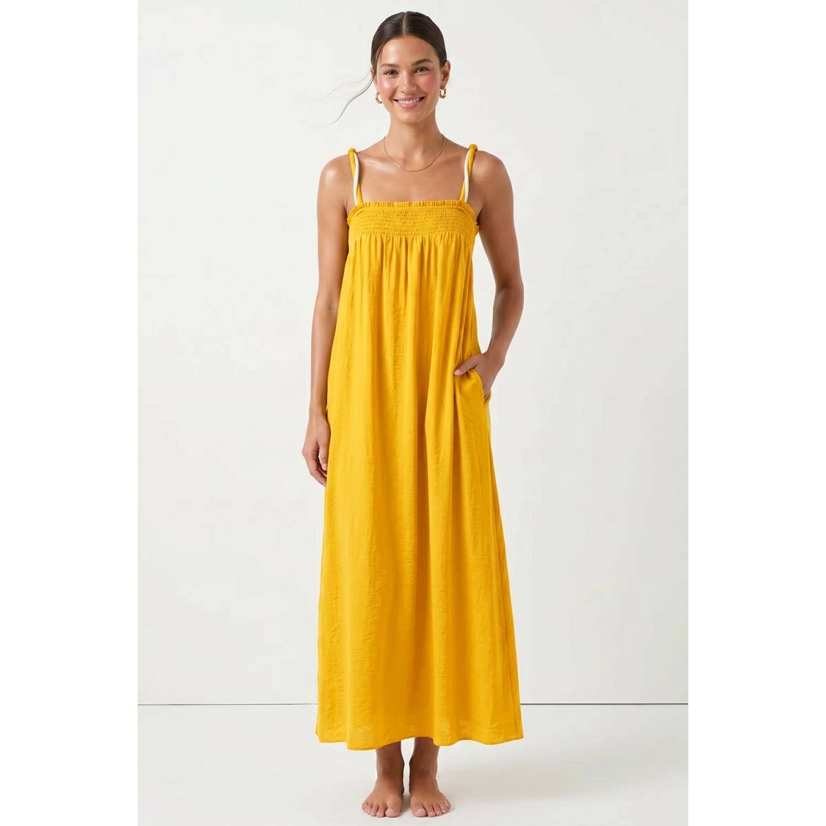 Cord Detail Smocking Maxi Dress: Peridot / L