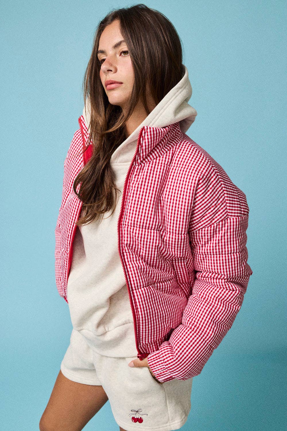 Check Me Out: Red & White Gingham Zip-Up Puffer Jacket