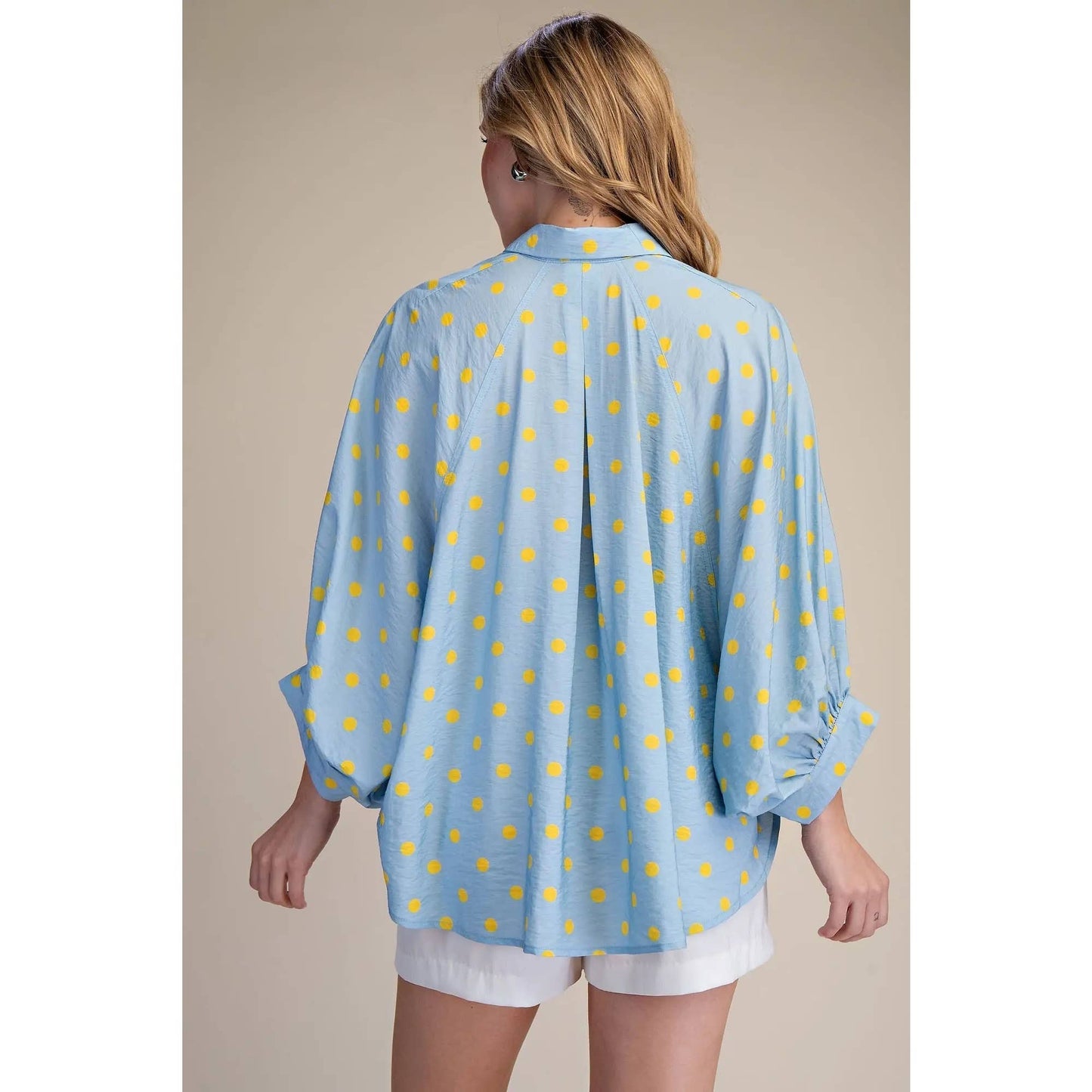 Freshly Picked Pale Blue Oversized Button-Down Polka Dot Blouse