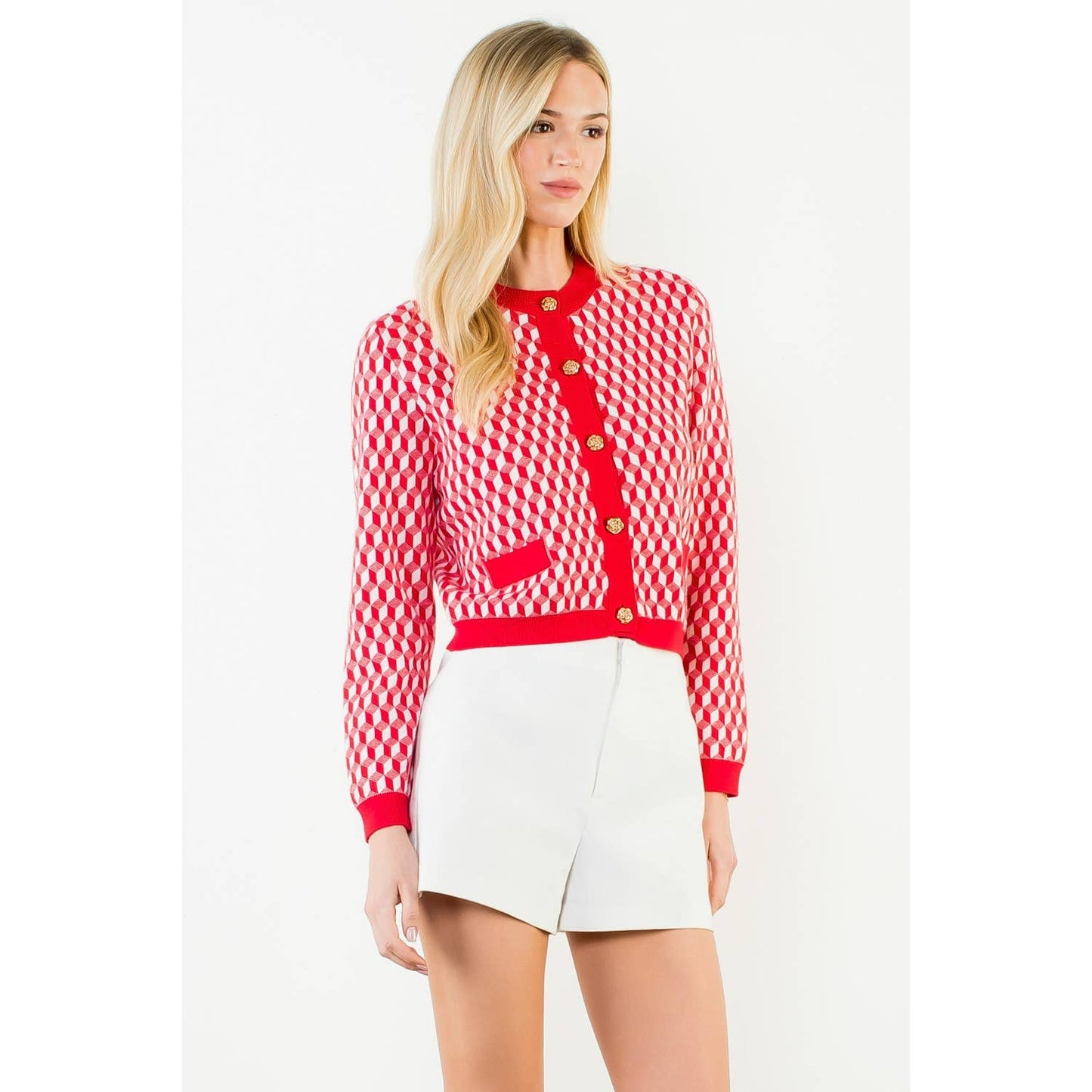 Lipstick Red Long Sleeve Geometric Print Cardigan