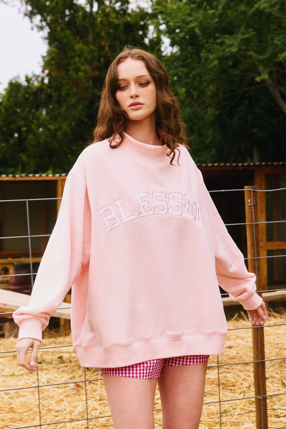 Sweet Peony BLESSED Baby Pink Embroidered Mockneck Sweatshirt - American Graham Apparel