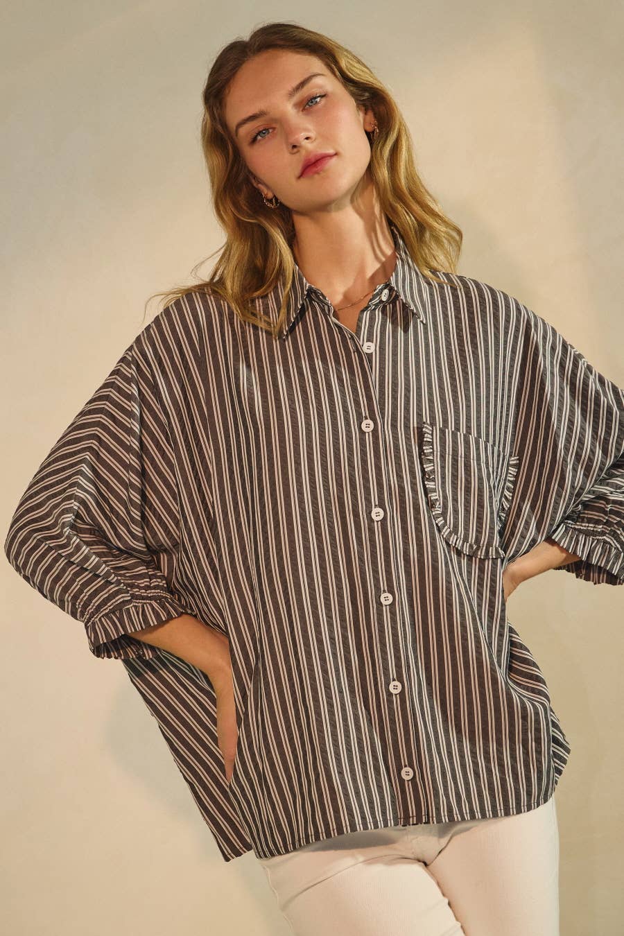 Black Striped Button Down Oversized Blouse