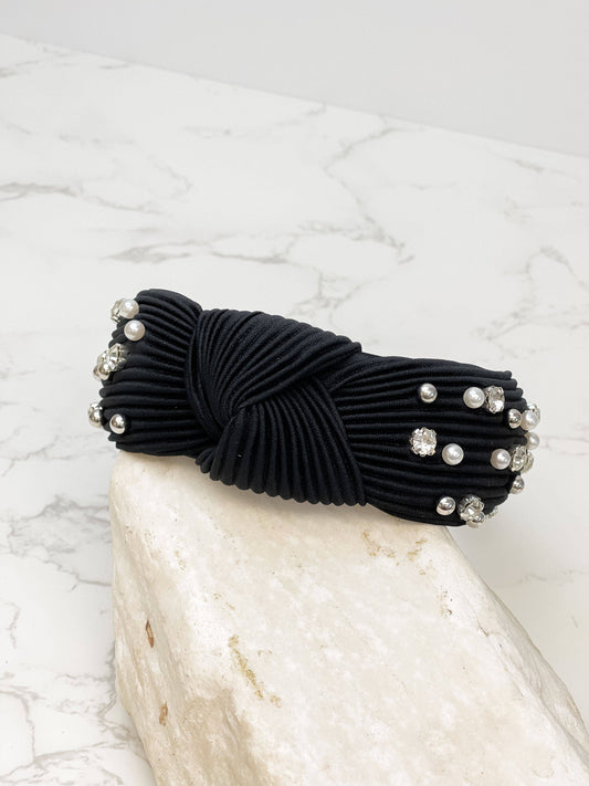 Top Knot Pearl & Rhinestone Pleated Black Headband