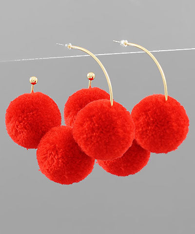 Three Red Pompom Hoop Earrings