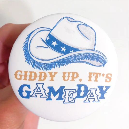 Giddy Up Game Day Button: Blue, White & Gold American Graham Apparel
