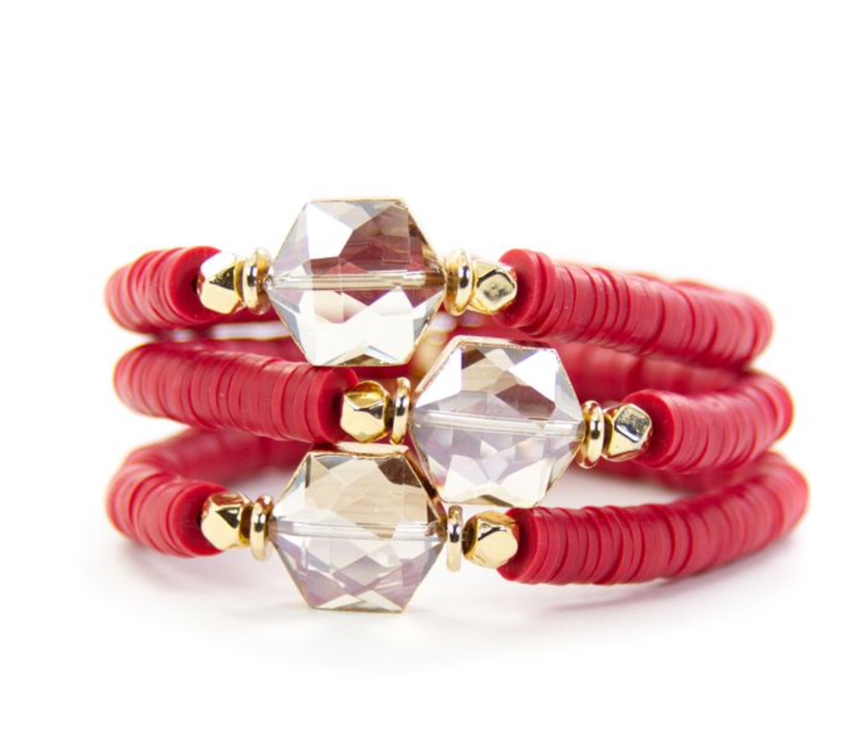 Red Heishi Crystal Glass Encased In 18K Gold Bracelet